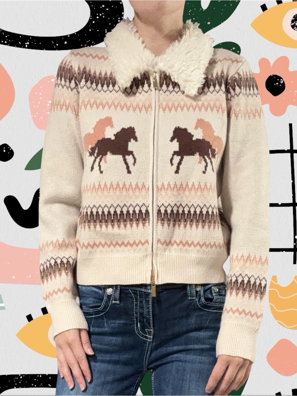 NWOT✨ | Altar’d State | Horse Print Western Zip Front Faux Fur Collar Sweater